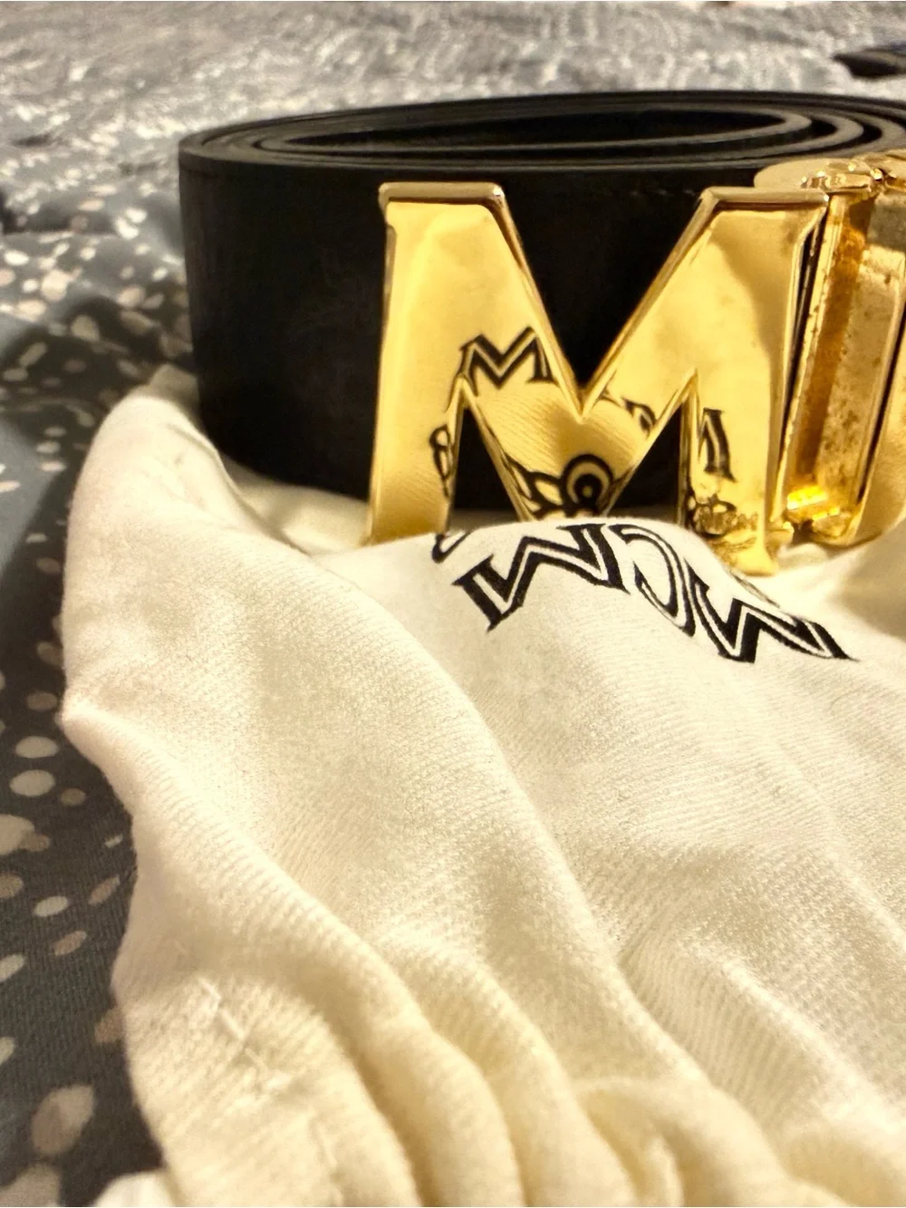 MCM Reversable Black Leather Logo-Stamped Belt with Diamond Motif