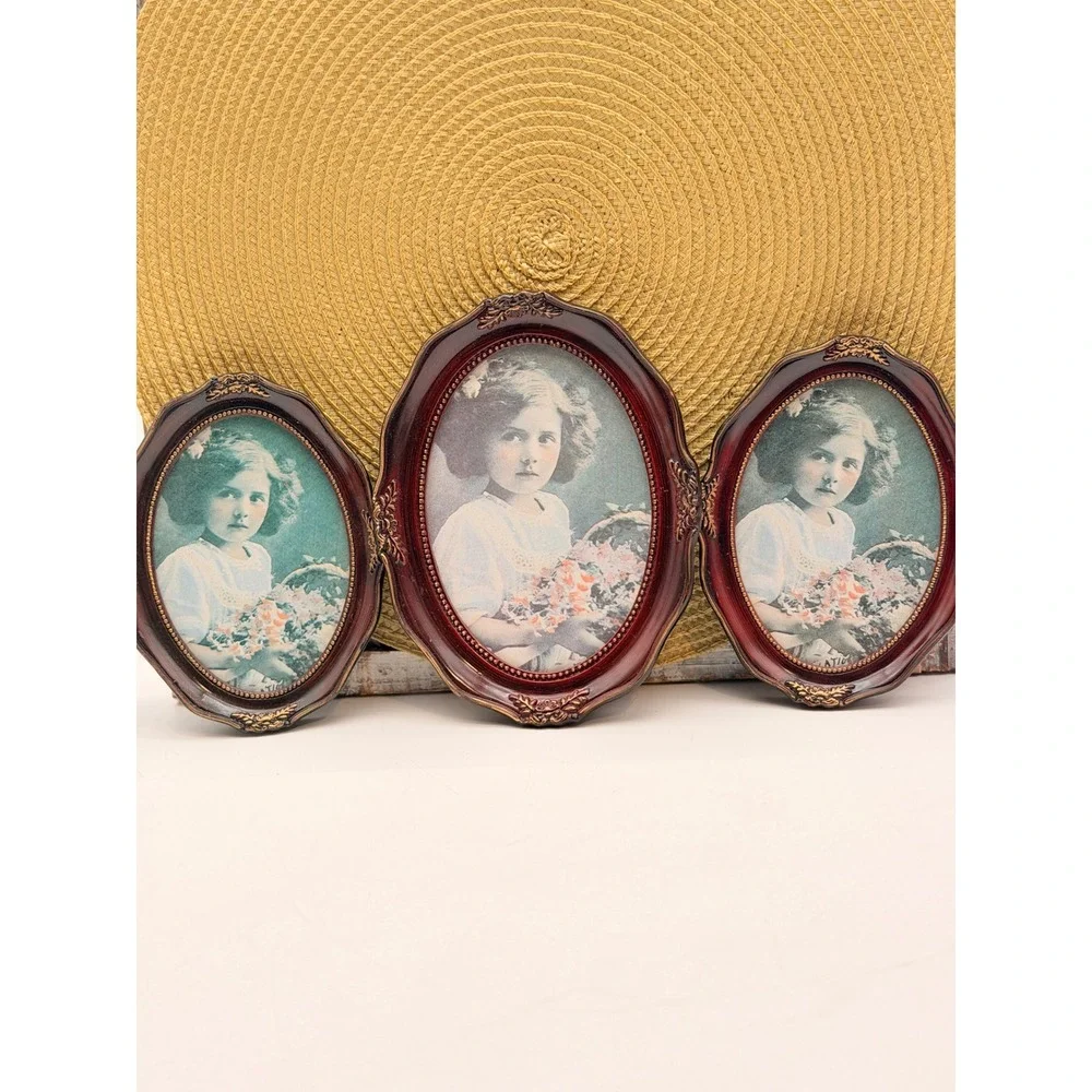 Vintage Victorian Style Oval Picture Frame Set 3 Burgundy Gold Ornate Portrait