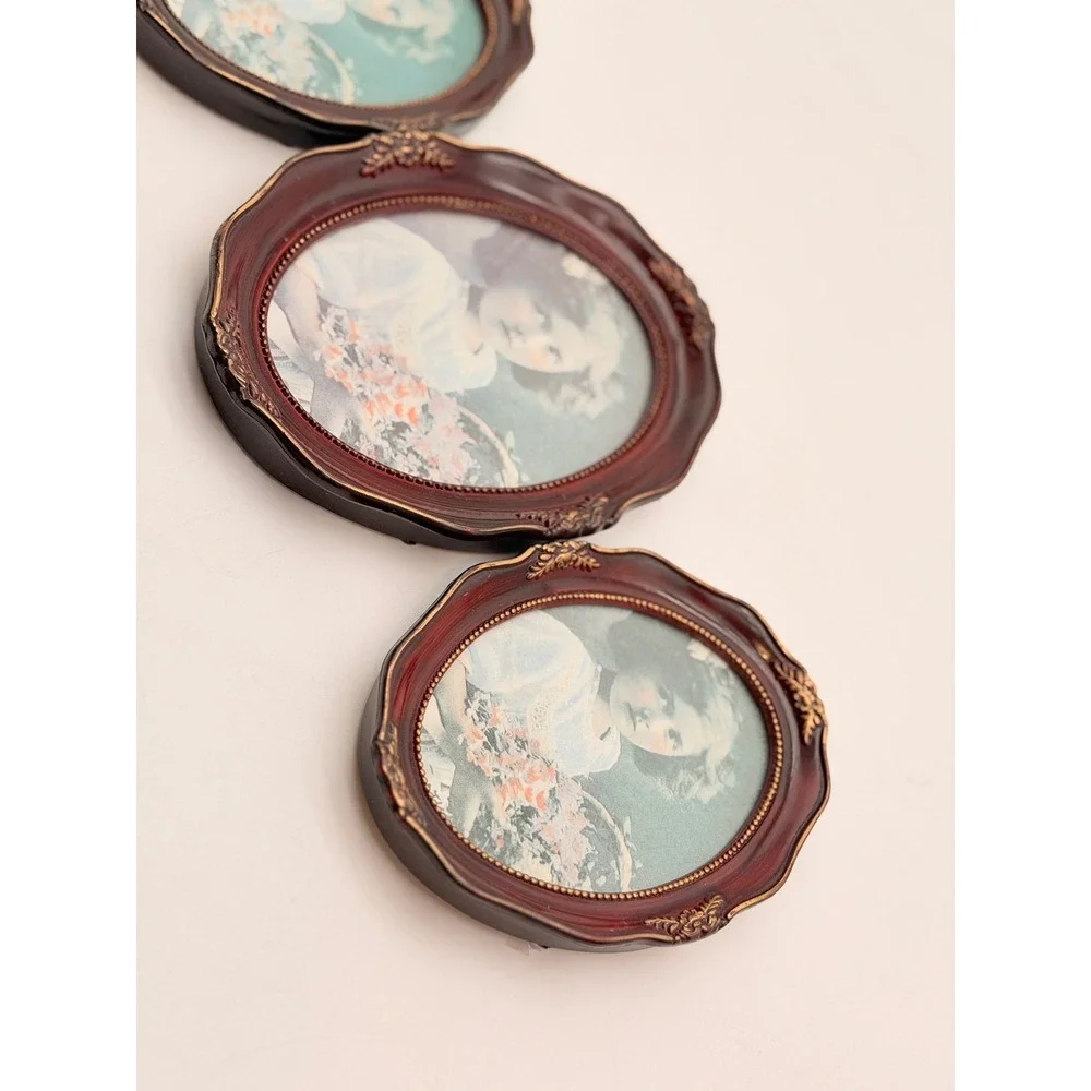 Vintage Victorian Style Oval Picture Frame Set 3 Burgundy Gold Ornate Portrait