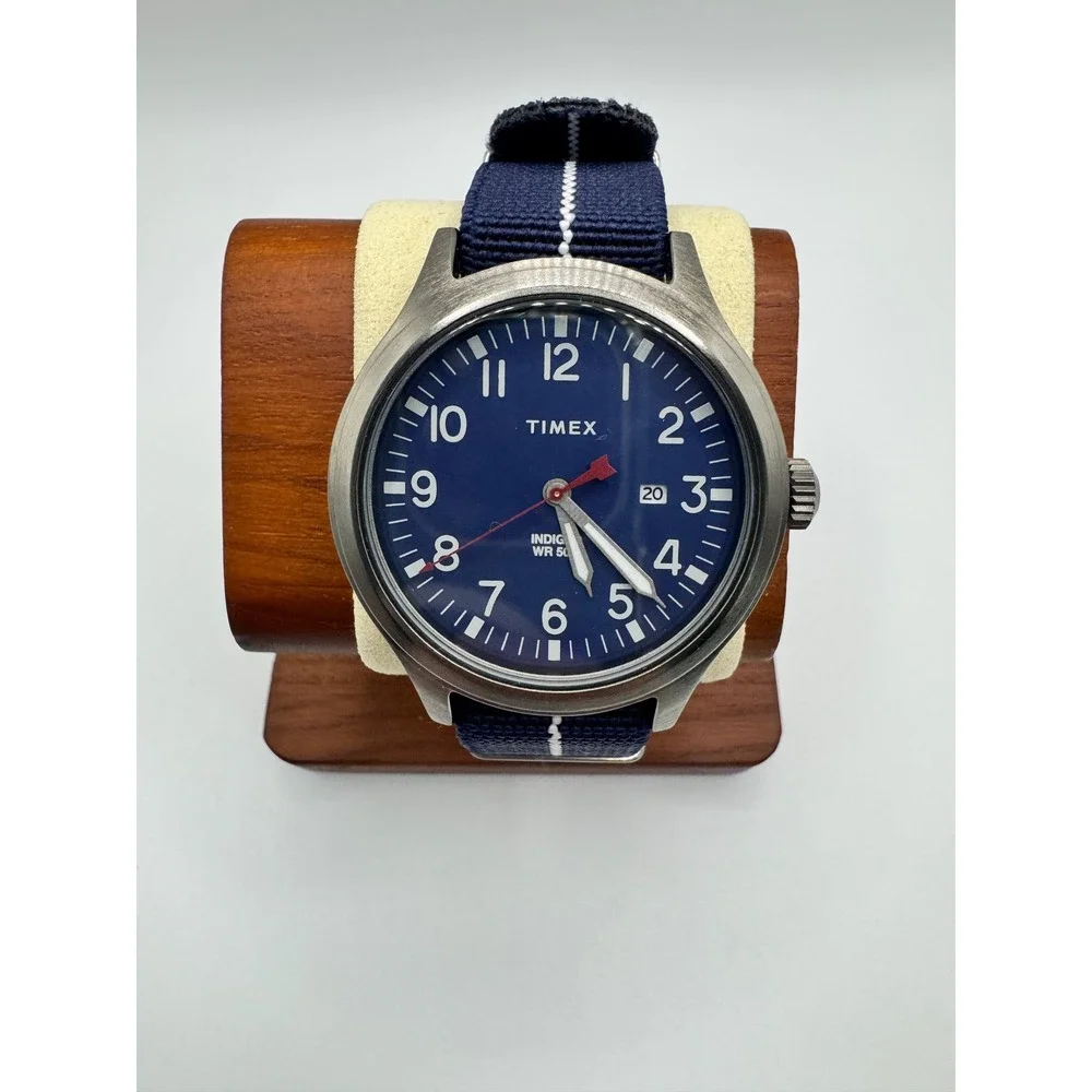 Timex x Express Mens Field Watch Blue Dial Nato Strap Indiglo WR 50M CR2016