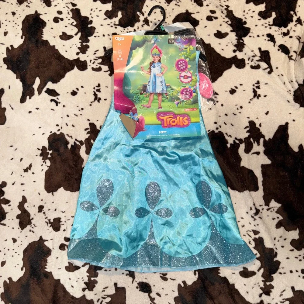 Disguise Trolls Poppy Costume Kids M 7-8 Blue Glitter Deluxe Dress Up Halloween