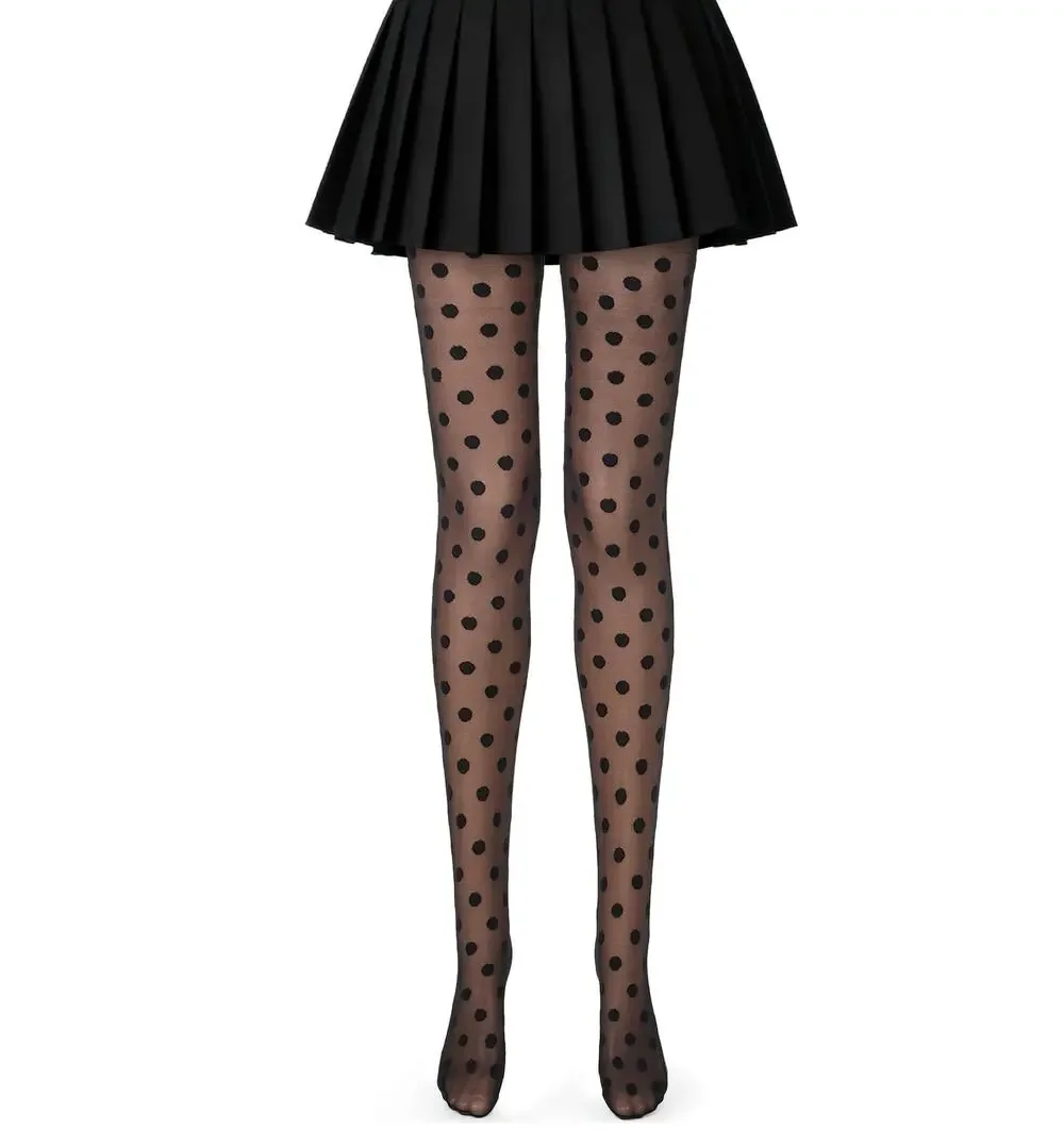 Velsatis Womens Sheer Tights S-XXL Black Polka Dot Elastic Fashion Pantyhose