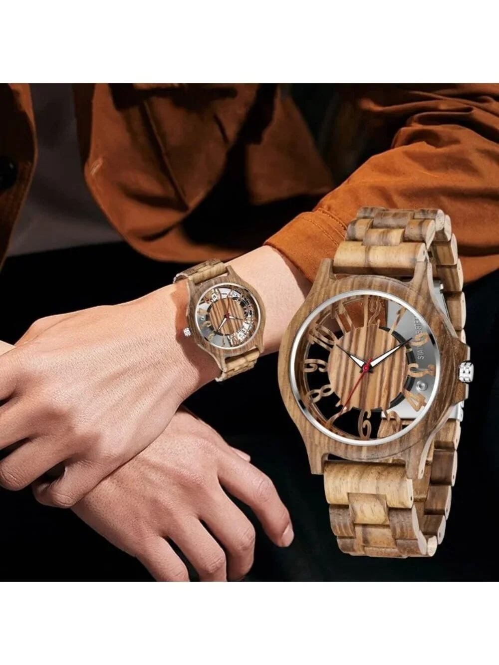 Mens Brown Solid Buckle Analog Quartz Classic Crystal Round Walking Wooden Watch
