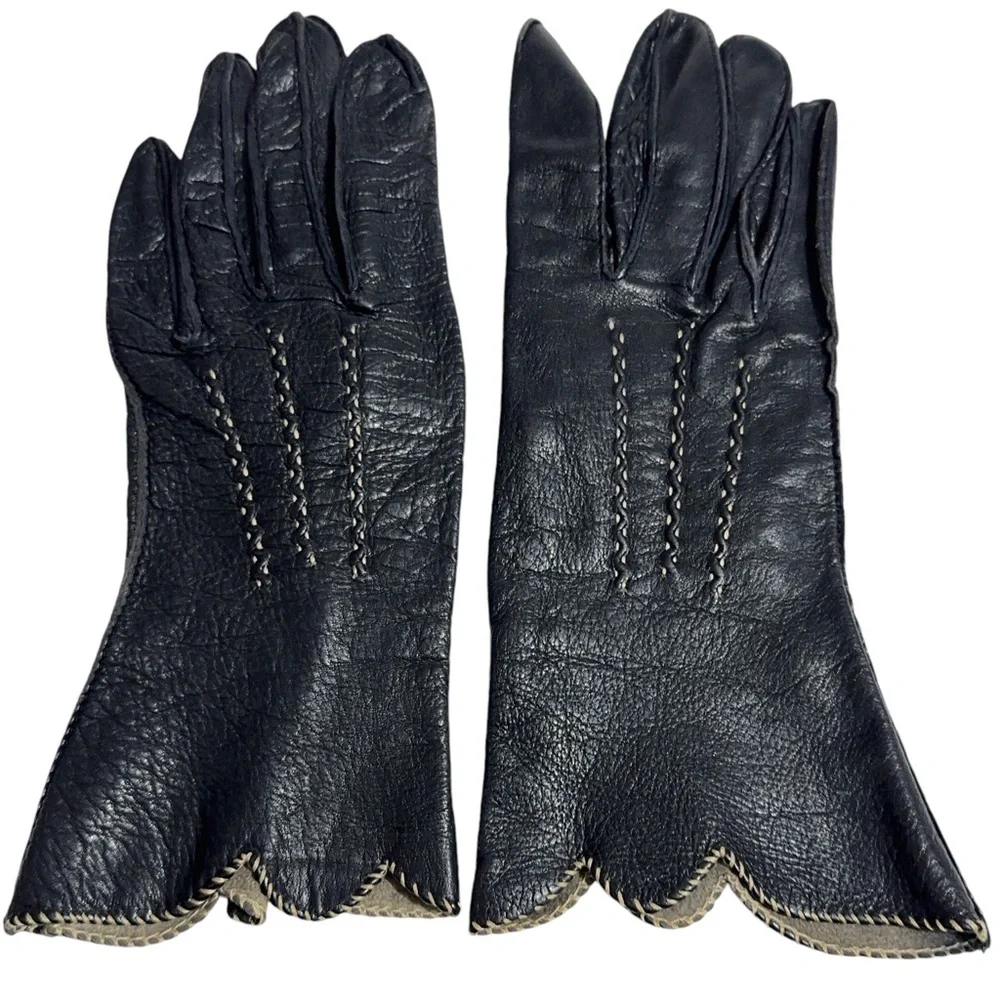 Womens Vintage Deerskin Gloves Scalloped Edge Size 6.5 Unlined Gift