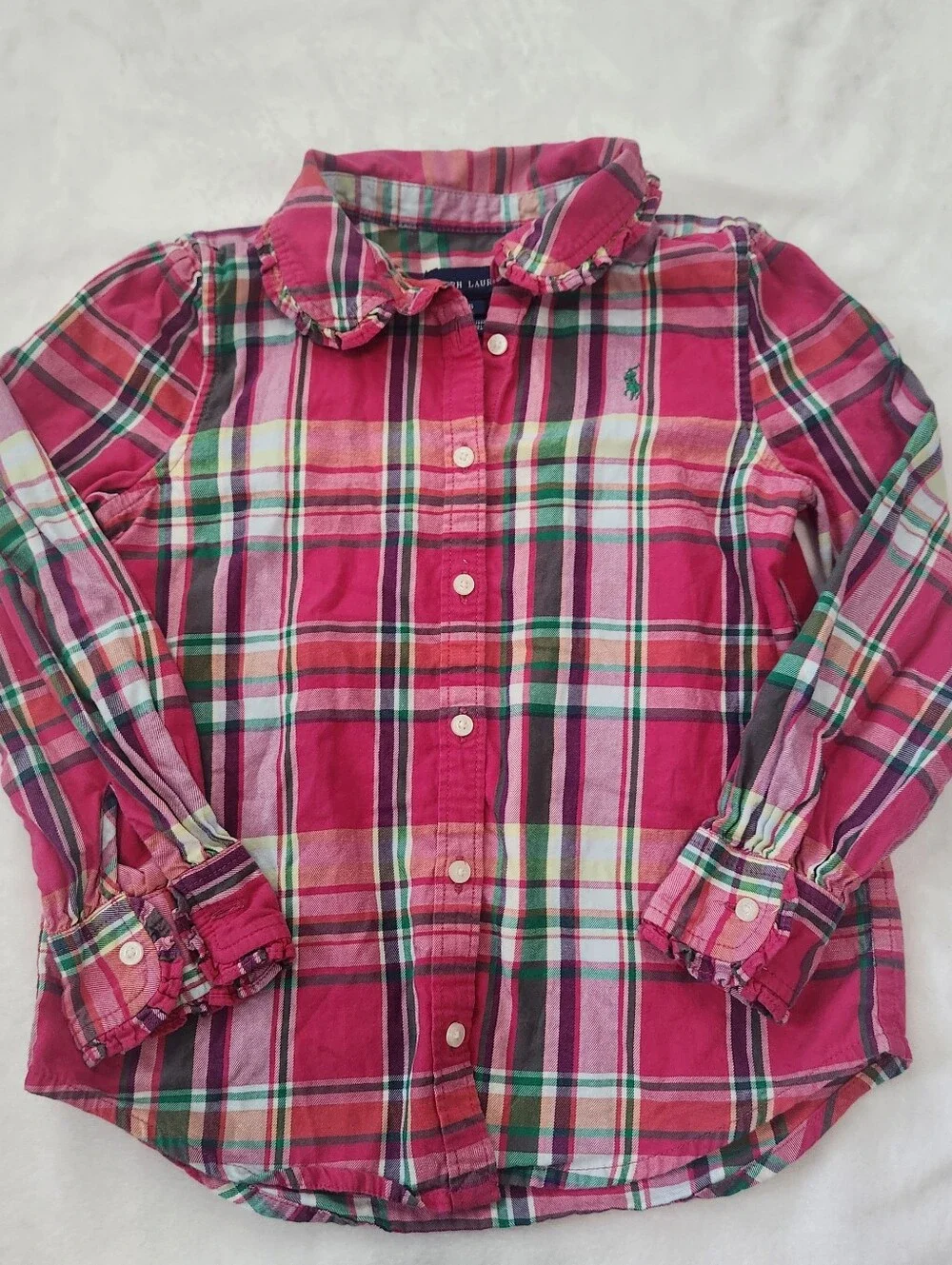 Ralph Lauren Polo Fuchsia Plaid Ruffle-Collar Button Shirt