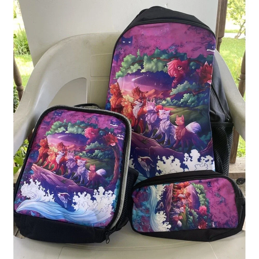 Miaqzakl Cats 3 Pc Backpack Set Lunch Box Pencil Bag ~ NEW