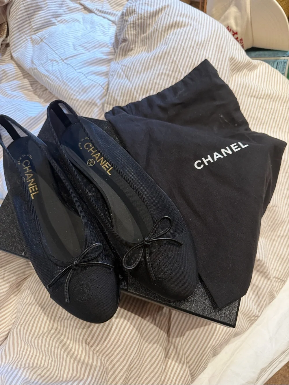 CHANEL Black Mesh Ballerina Flats with Bow and CC Logo