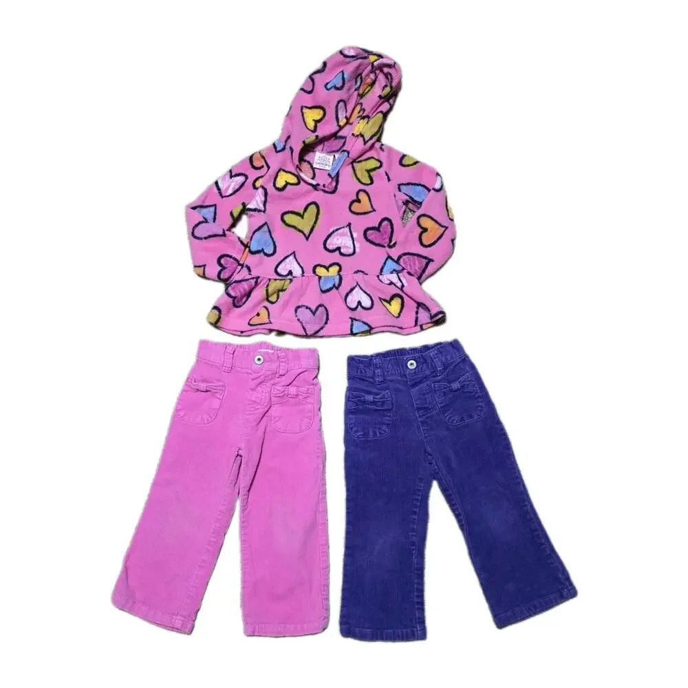 Vintage Y2K The Childrens Place 3pc Set Hoodie Corduroy Pants Size 24M Pink Purp