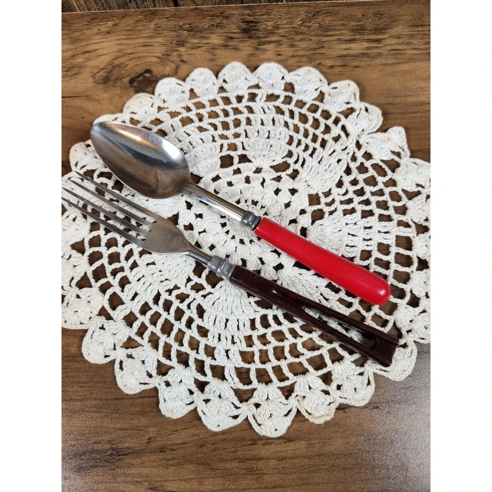 Mid Century Bakelite Red Spoon and Brown Meat Fork Excellent Condition Vintage