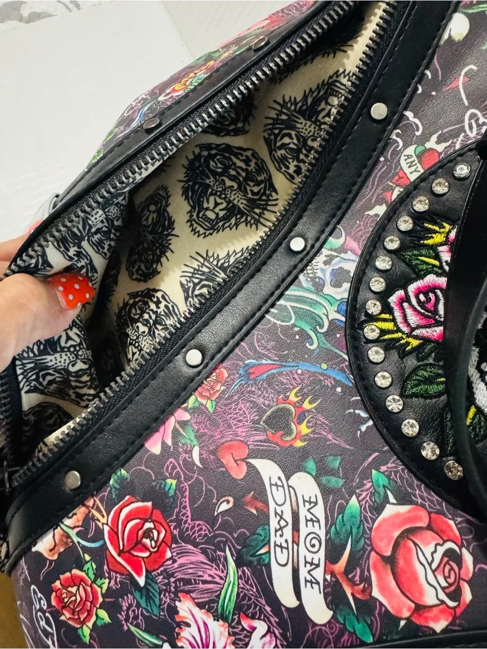 Ed Hardy embellished Black Floral Skull Tote Bag BNWT