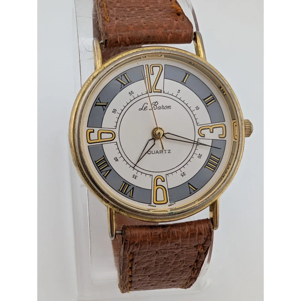 Vintage Le Baron Watch Women's 33mm Gold Case Brown Leather Band- New Battery