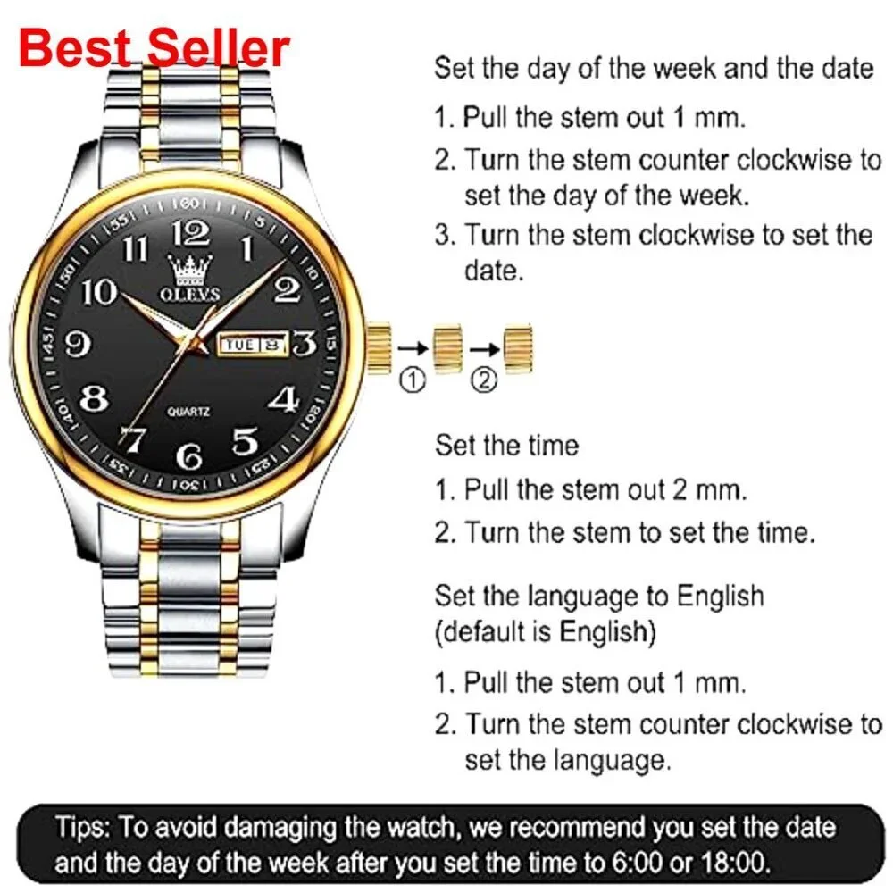 Stainless Steel Watch with Day Date Diamond Dial Waterproof