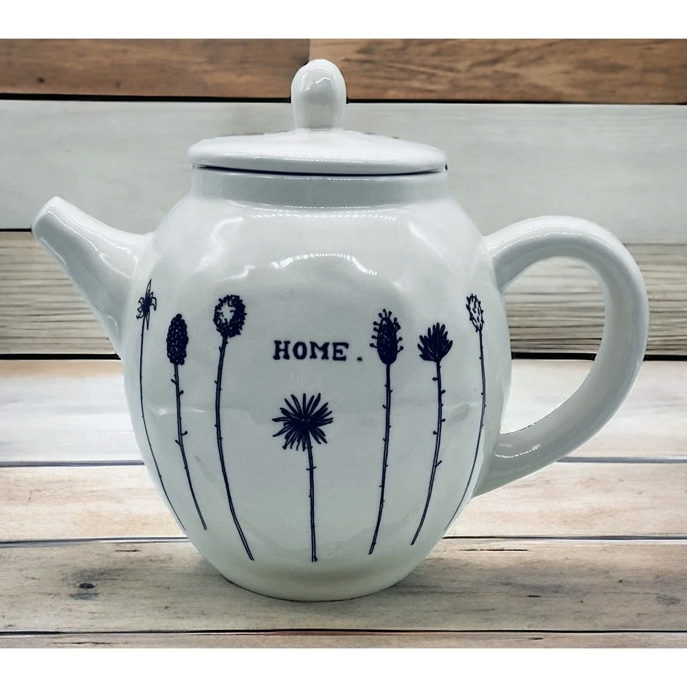 Early Rae‎ Dunn HOME Teapot Magenta M Typewriter Font Wildflowers White Black
