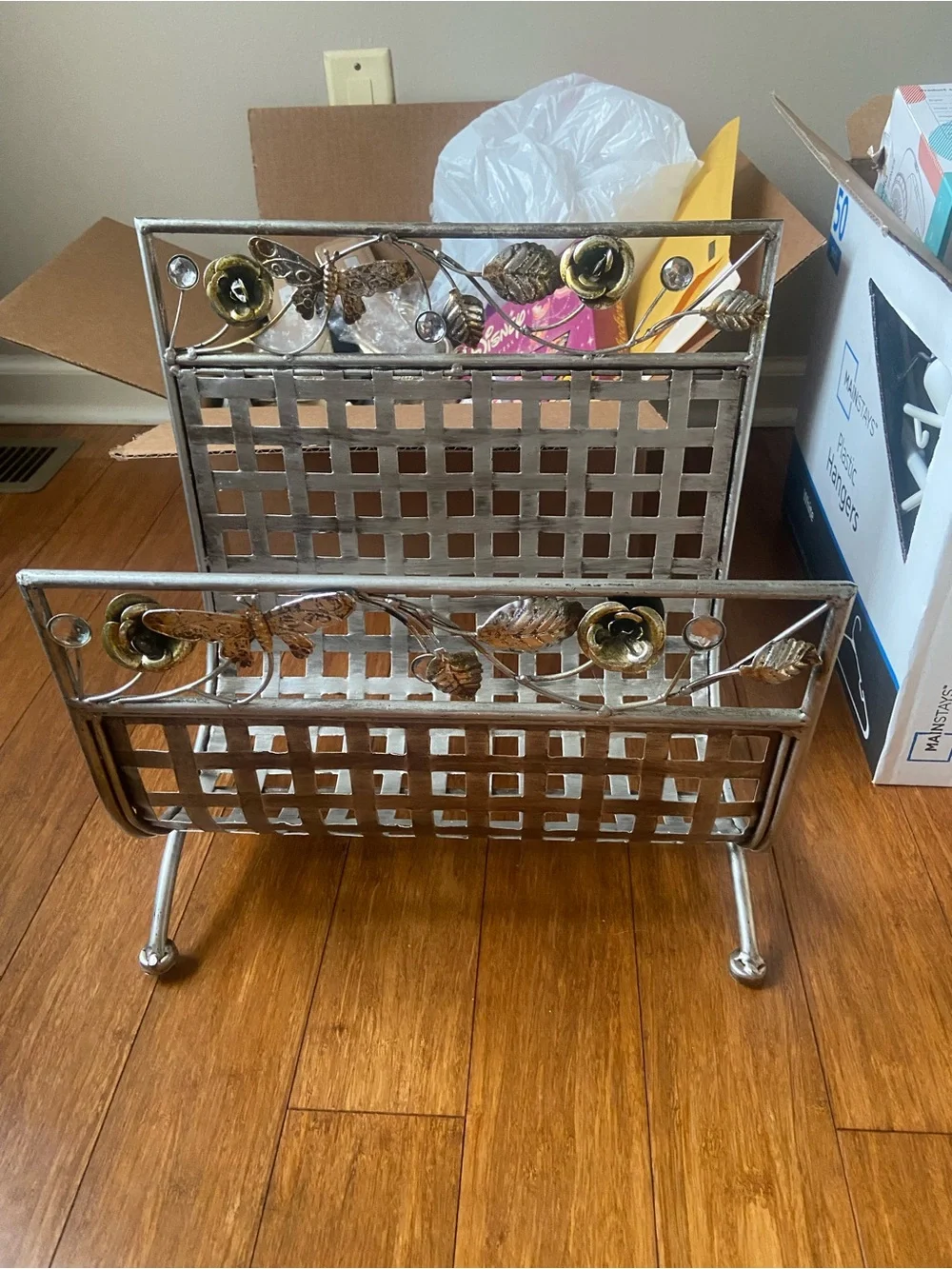 Metal Decorative Two-Tier Mail & Magazine Holder - Silver with Gold Accents