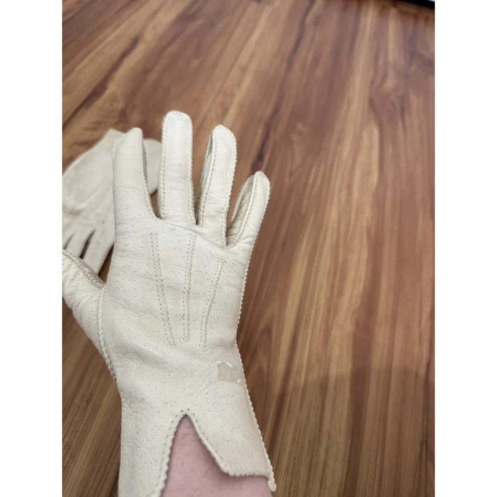 VTG Deerskin Soft Leather Gloves Winter White Cream Sz 7 Washable Top‎ Stitching