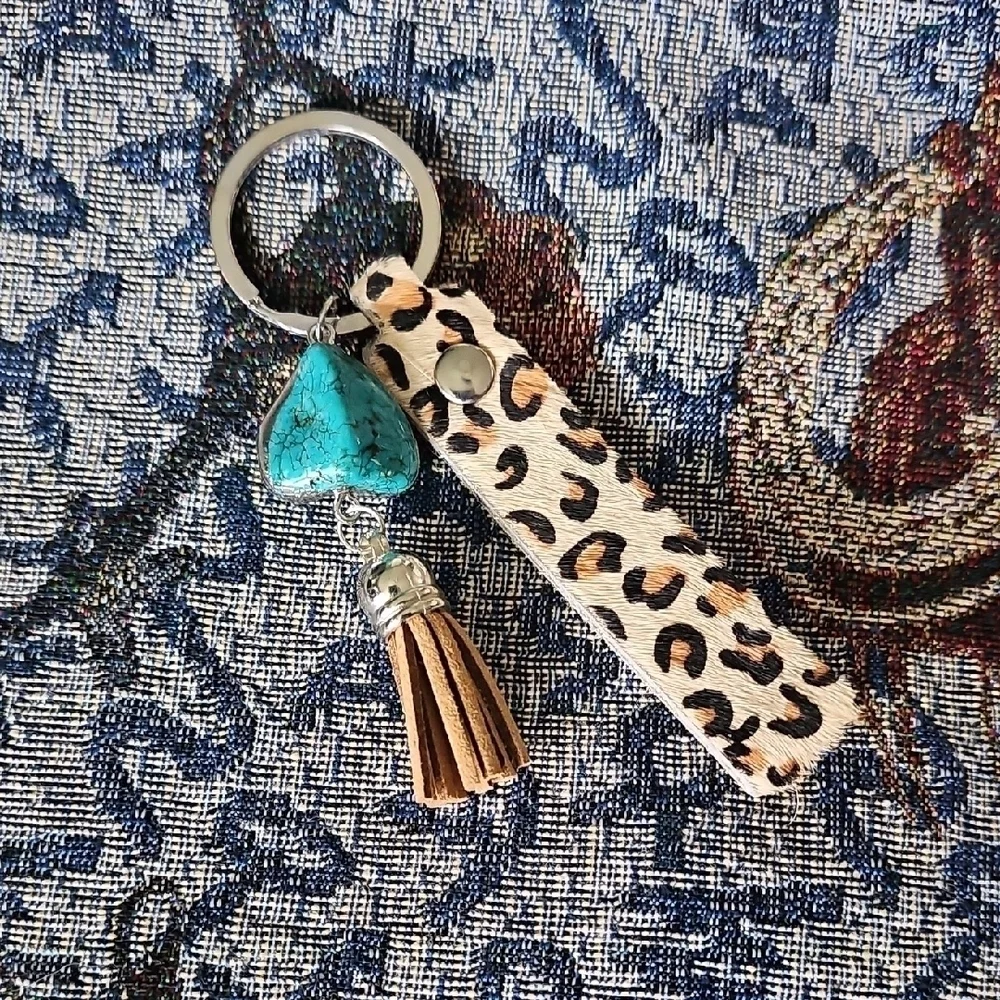 Leopard Print Keychain with Turquoise Charm