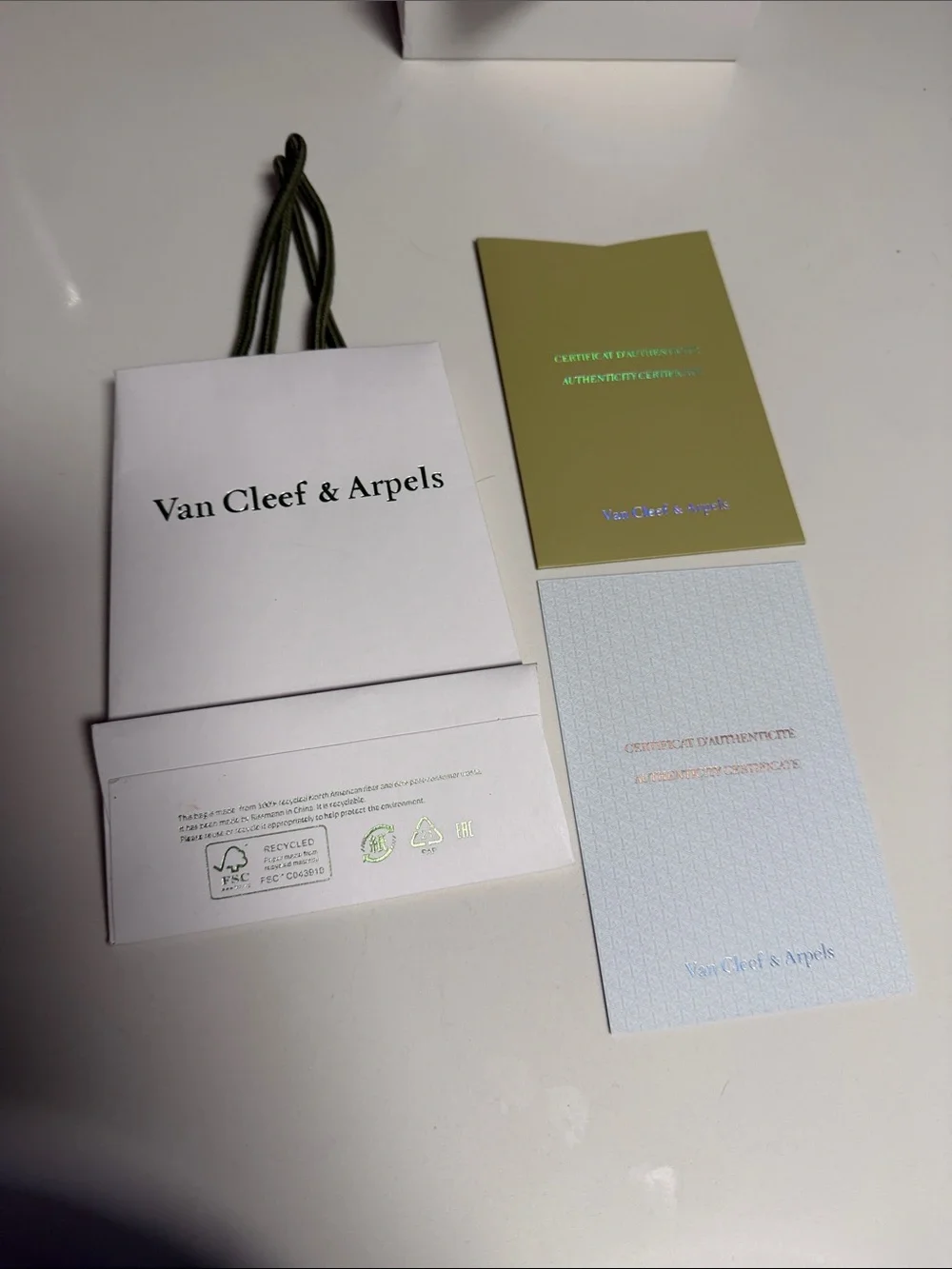 Van Cleef & Arpels White gift  Bag with Olive authentication envelopes plus card