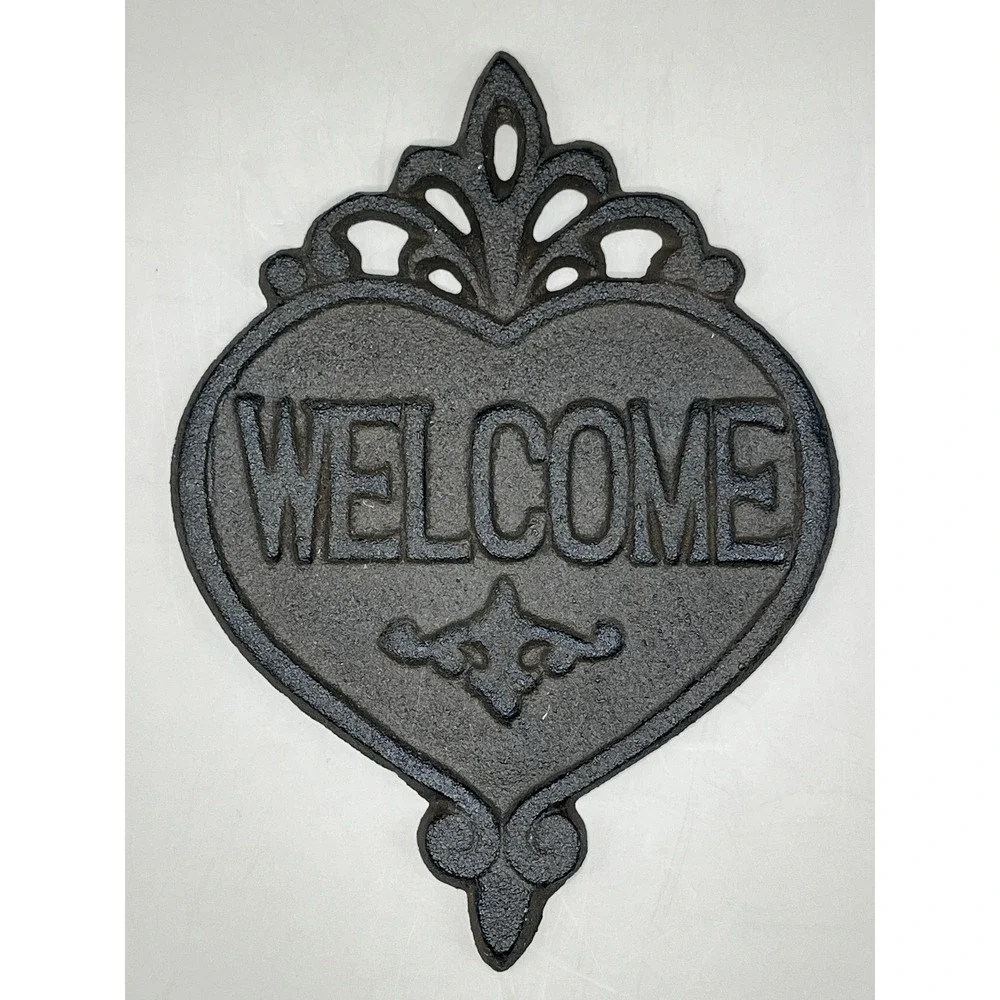 Cast Iron Heart Welcome Sign Wall Plaque Black Ornate Rustic Decor 7.5