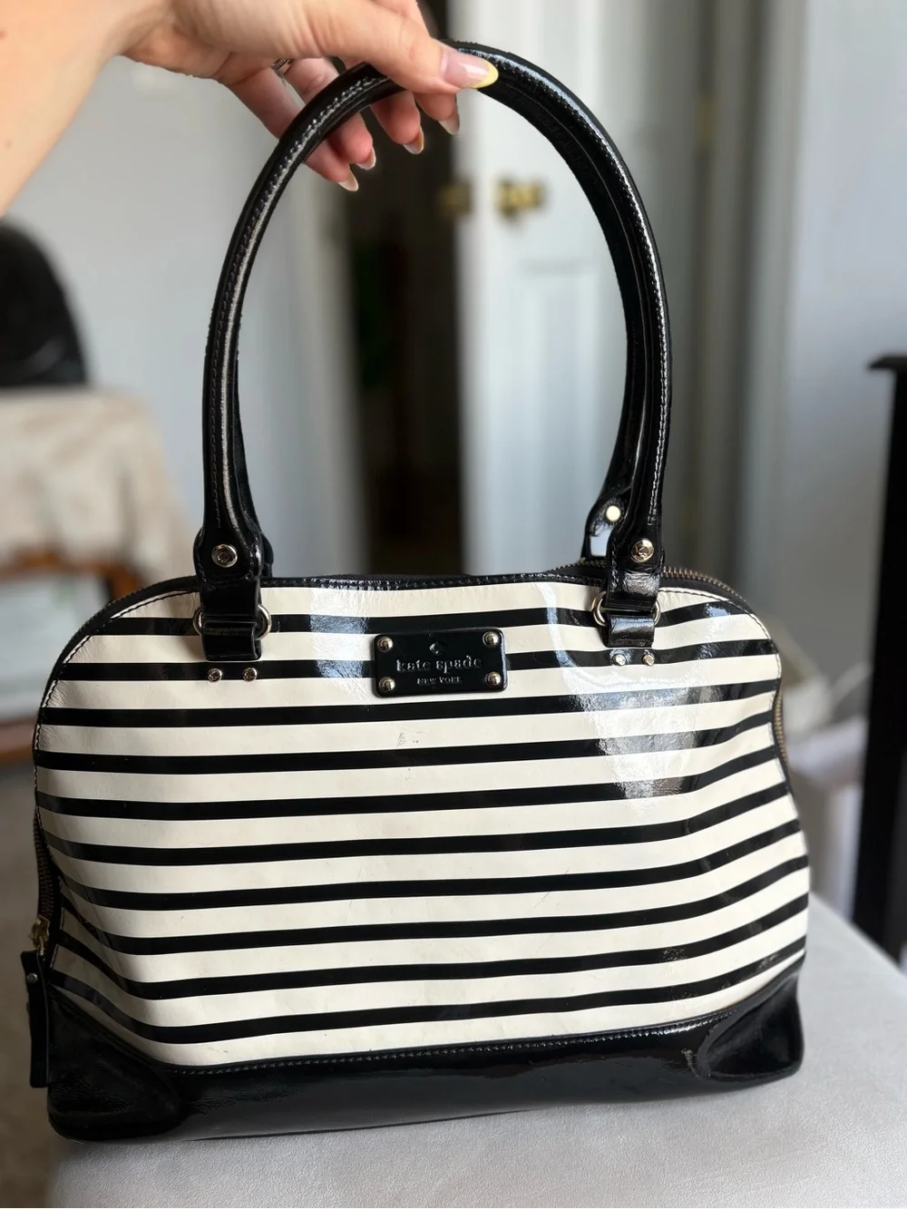 Kate Spade Black and White Striped Satchel