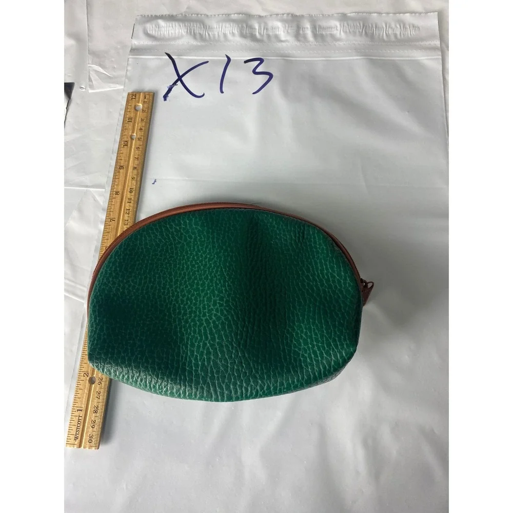 Vintage Green Pebbled Faux Leather Cosmetic Bag Pouch Brown Trim Half‎ Moon Zip