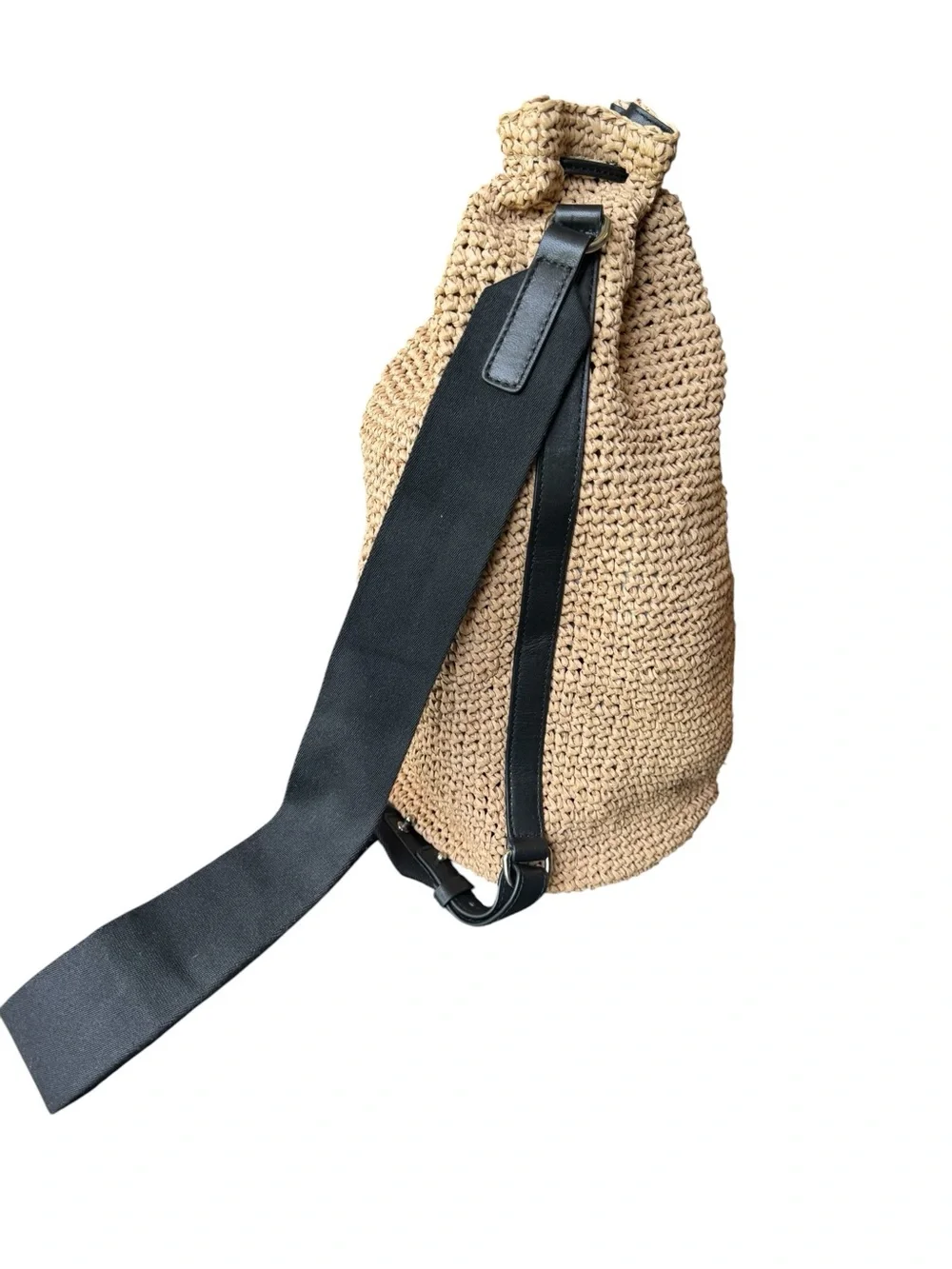 Massimo Dutti Tan Woven Drawstring Bucket Bag with Black Trim