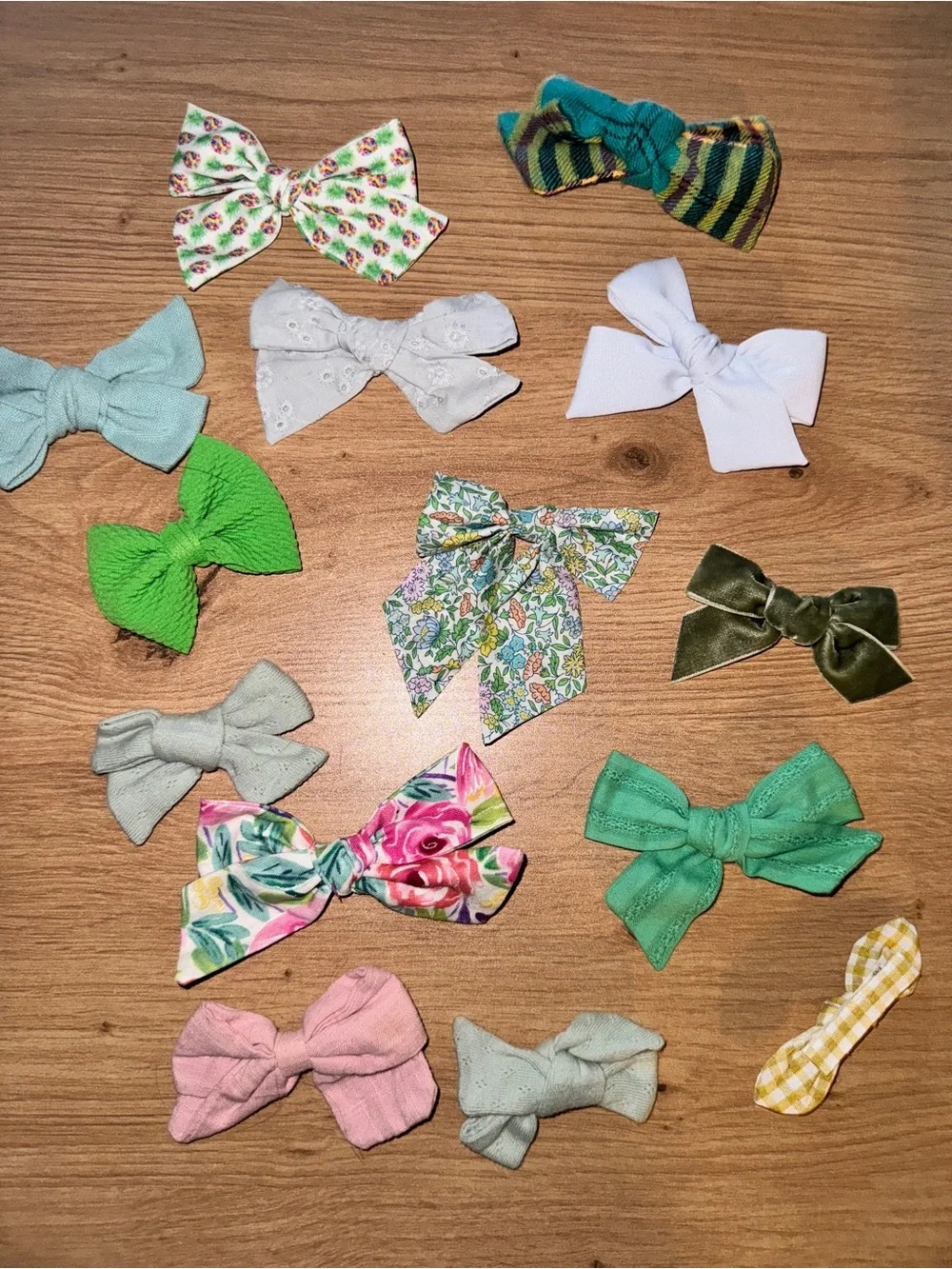 Handmade Kids Bow Clip Set — Assorted Green, White, Pink Floral