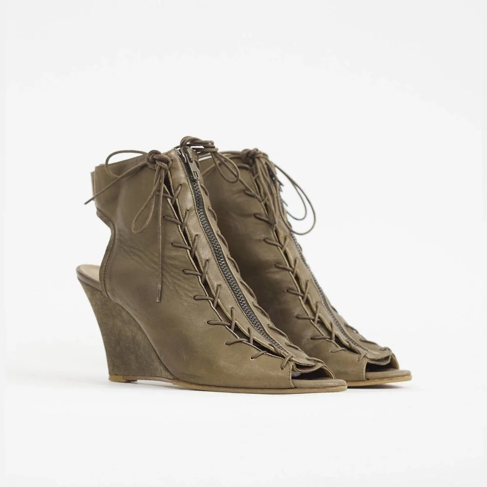 Acne Studios Leather Lace-Up Wedge Sandals Made in Italy Size 37 LNC