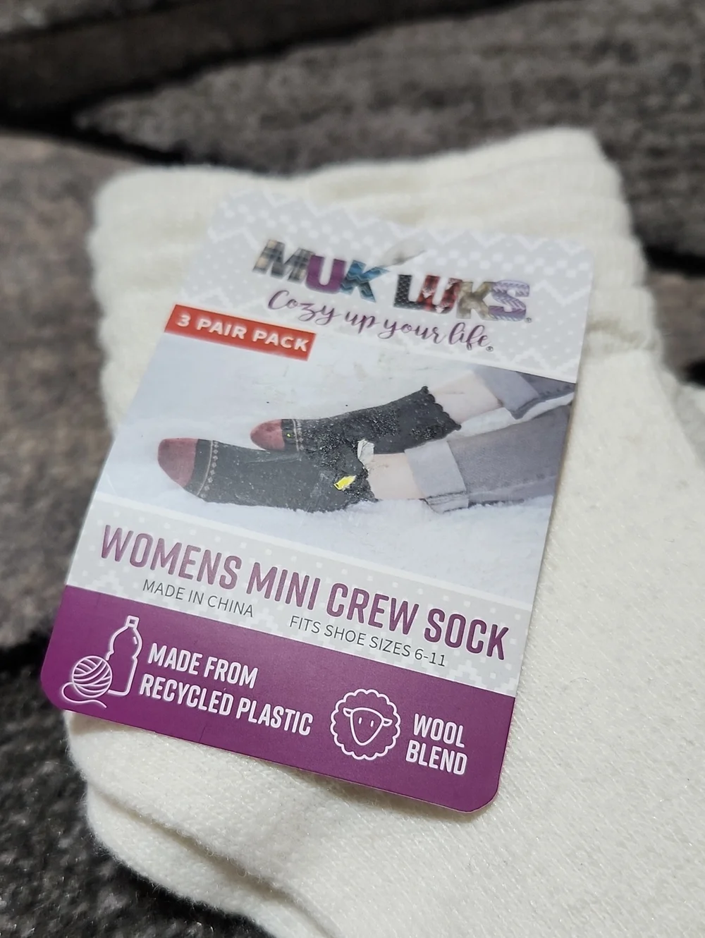 MUK LUKS 3-PAIRS WOOL-BLEND TIER ANKLE MINI CREW SOCKS IVORY/GRAY/HEART PRINT