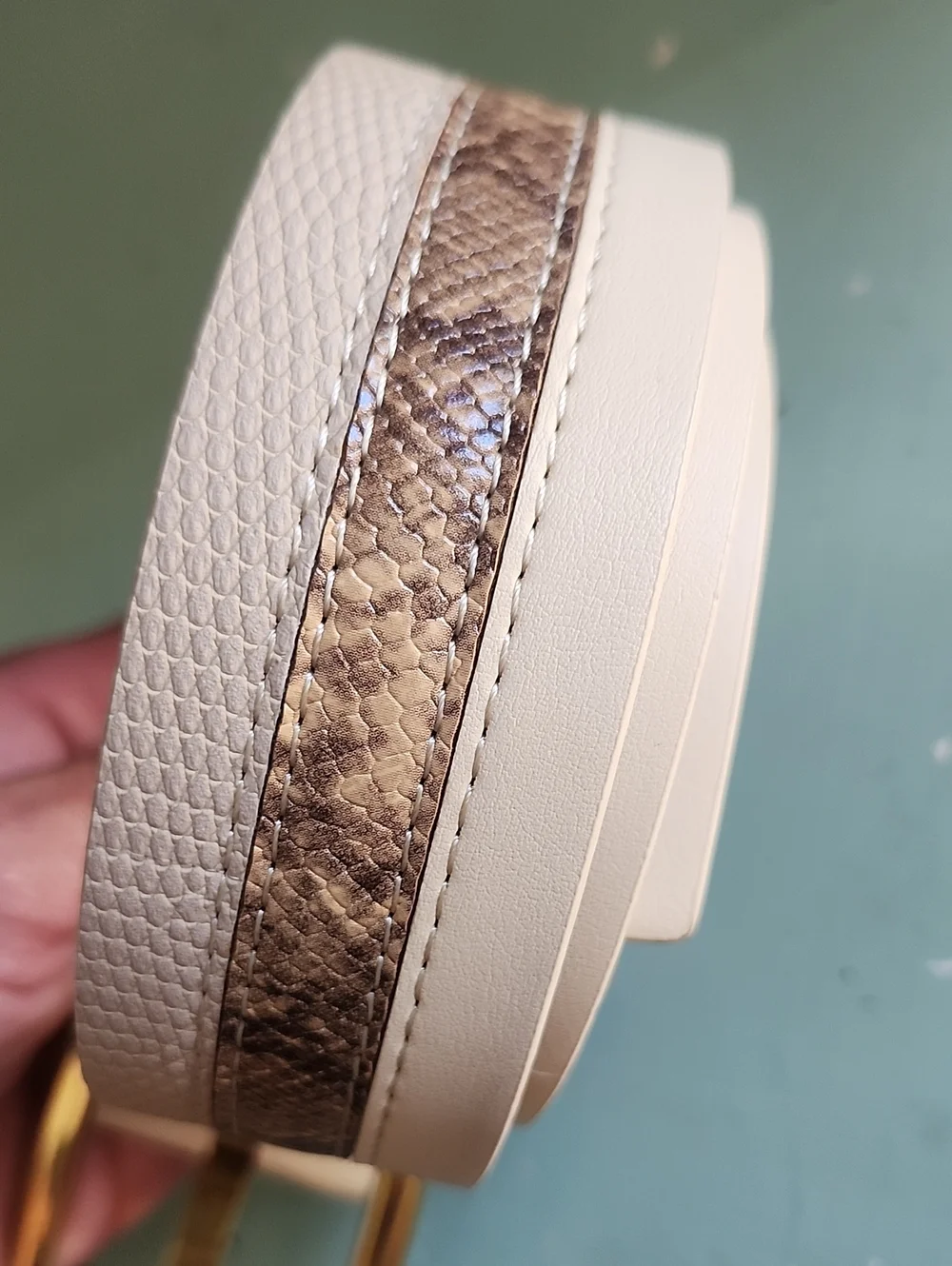 NWT Anne Klein Beige Faux Leather Belt with Gold Buckle and Snake-Print Inlay