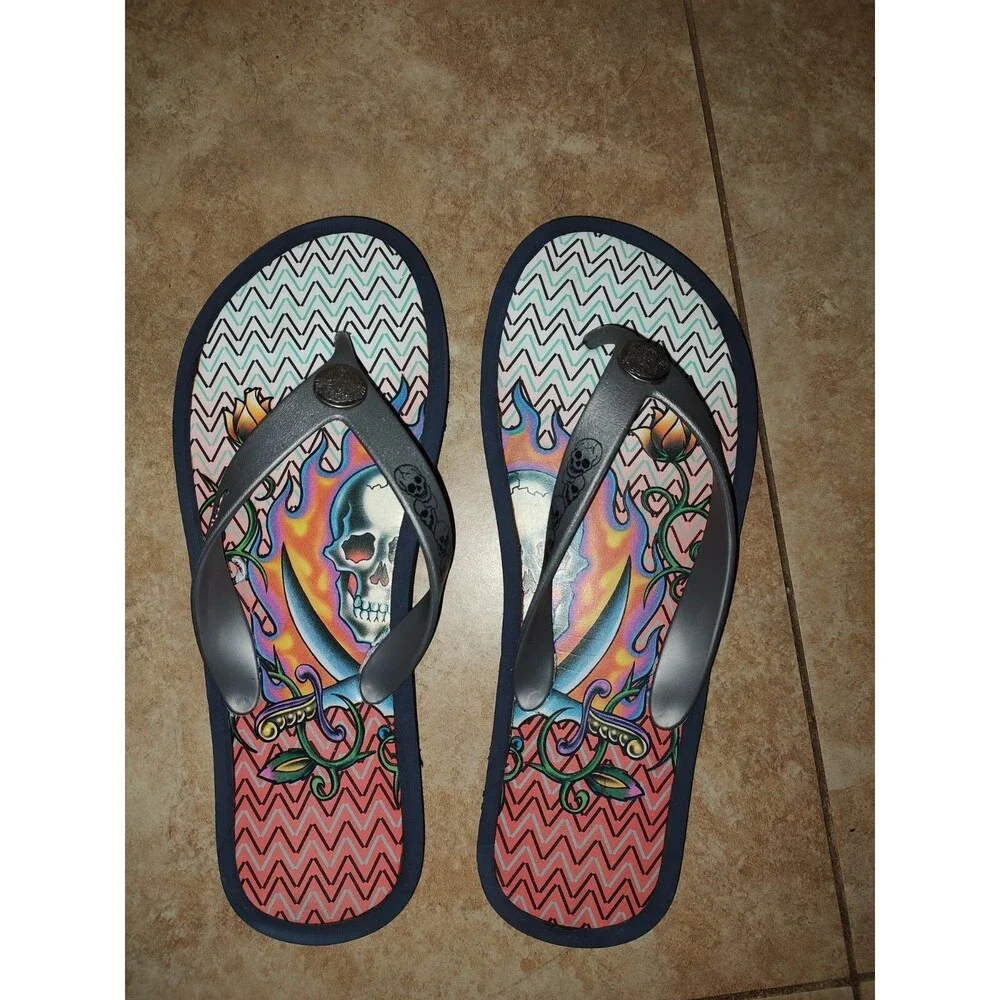Rare Vintage Unique Men's Ed Hardy by Christian Audigier Flip Flops Size 11 / 12