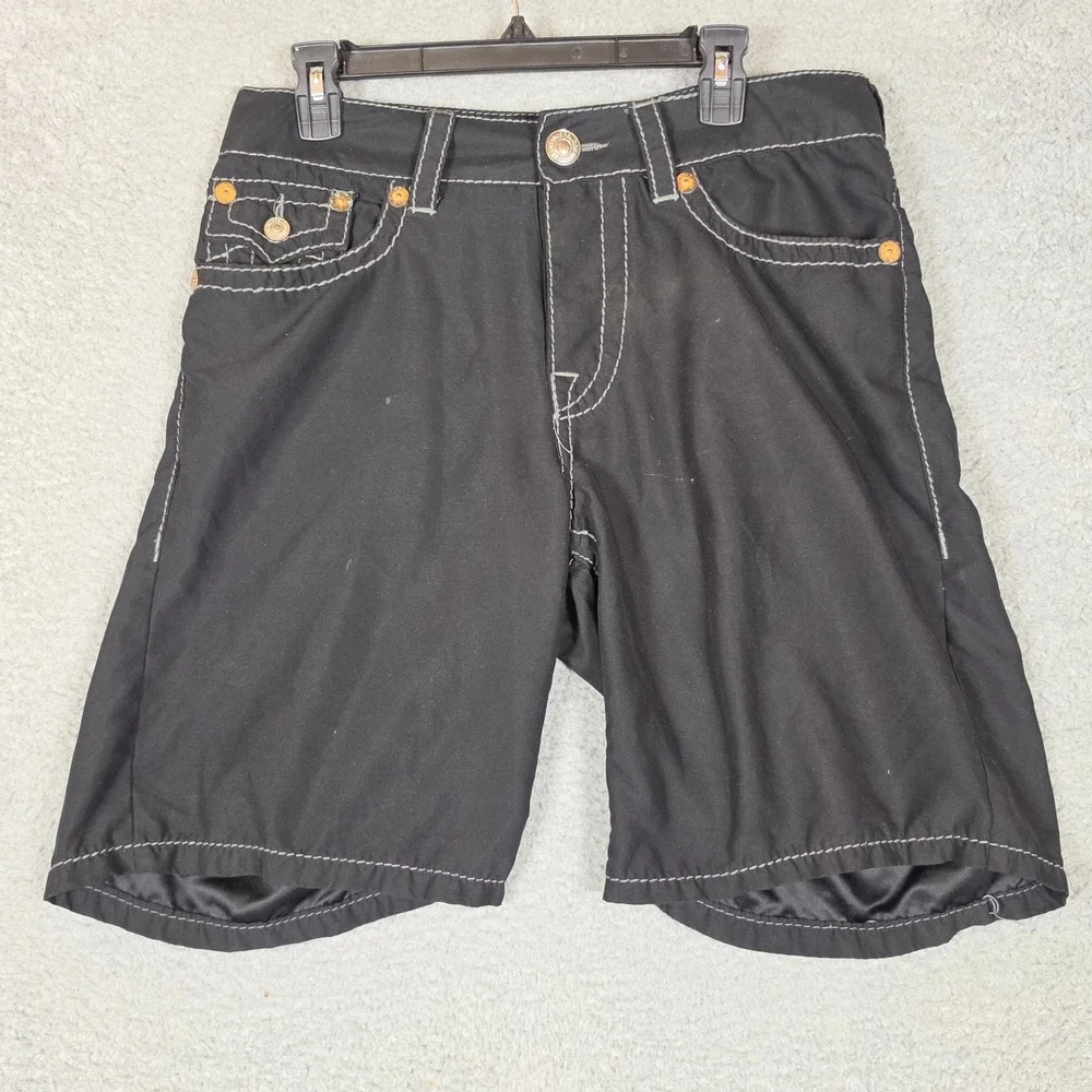 True Religion Board Shorts Mens 34 Black Excellent Contrast Stitch Surf Swimwear