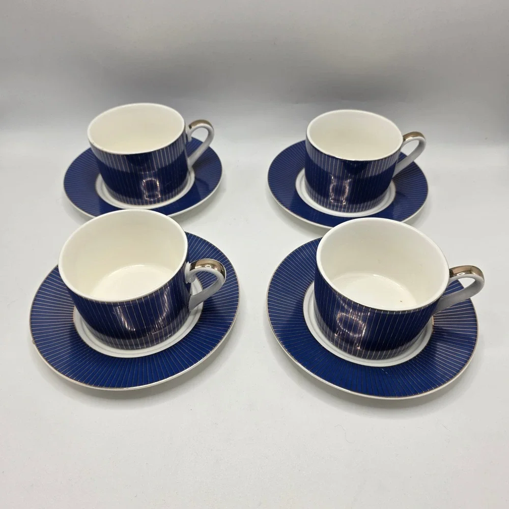 Cobalt Blue‎ Gold Pinstripe Tea Cup & Saucer Set 4 Fine Porcelain Tea Party