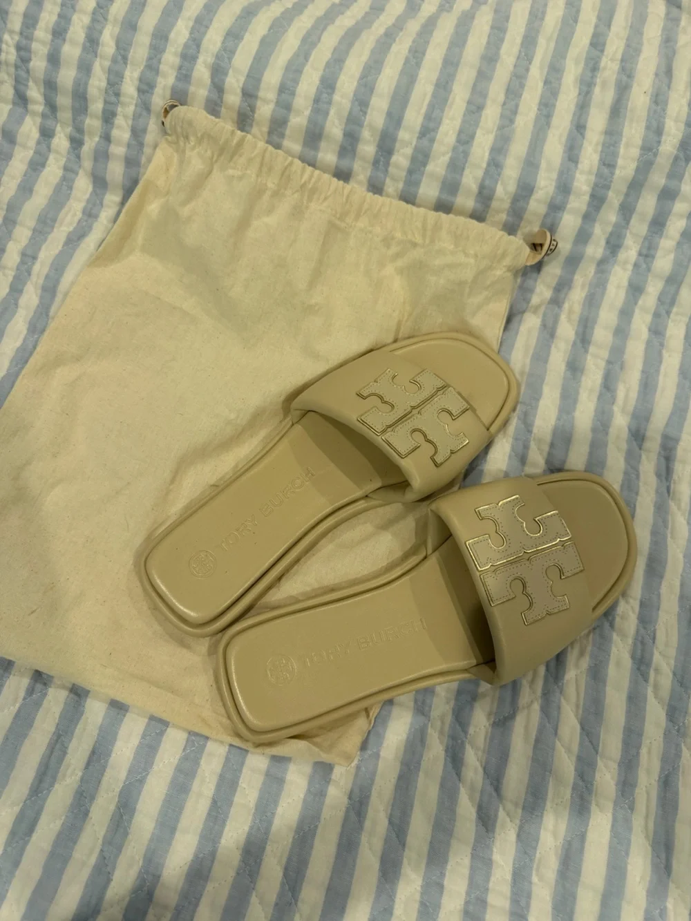 Tory Burch Neutral Beige Logo Slide Sandals