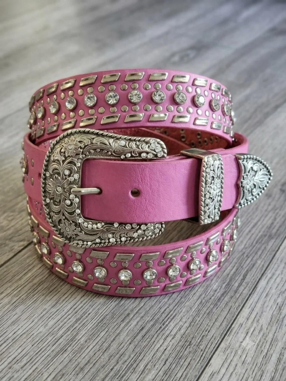 Pink Western Bling Studded Genuine Leather Belt Ornate Silver Buckle XXL 47