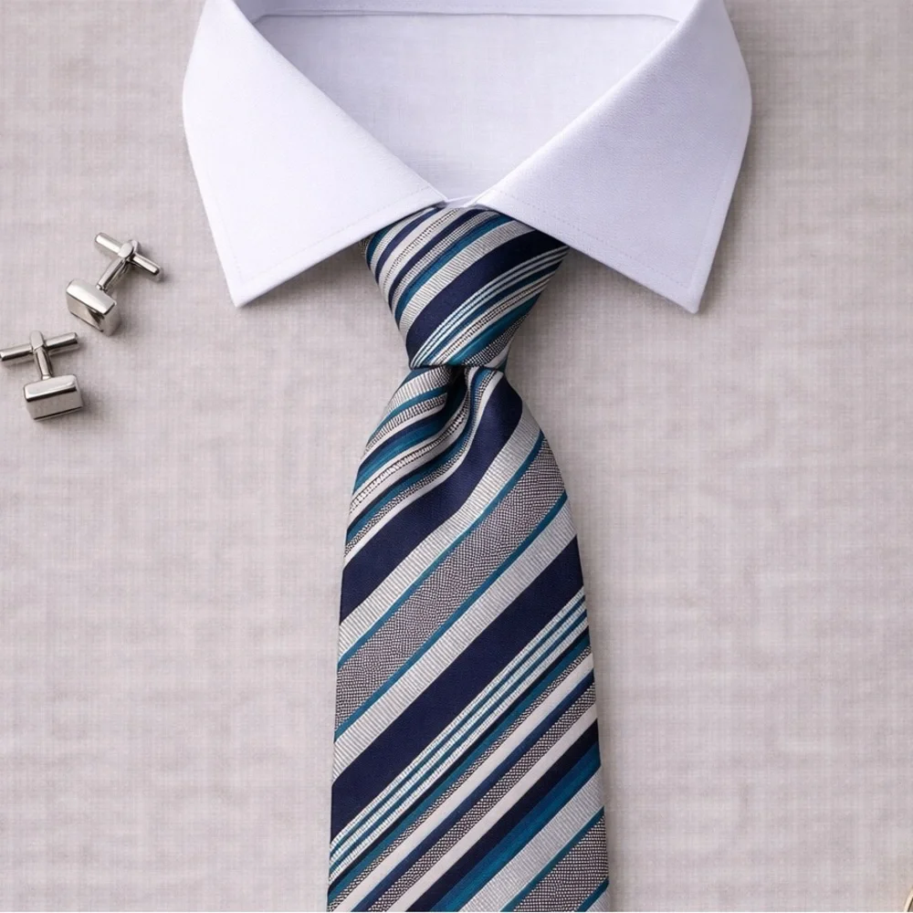 Banana Republic Silk Tie Navy Teal Silver Diagonal Stripe Classic Width Necktie