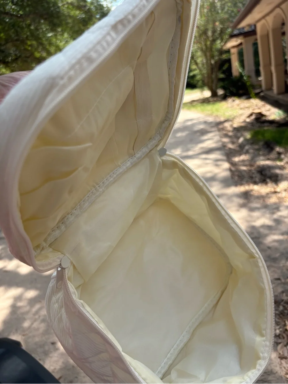 Cream Quilted Cosmetic Bag Set with Pink Tulip Accent