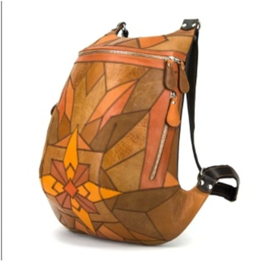 Leonid Titow Patchwork Leather Backpack Brown Tan Geometric Geometric Mosaic Bag