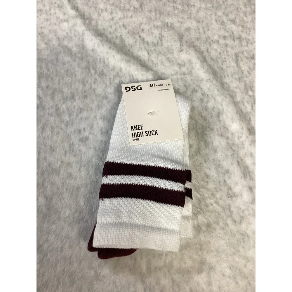 DSG‎ Womens Knee High Socks White Team Burgundy Striped Athletic Size M 5-10 NEW