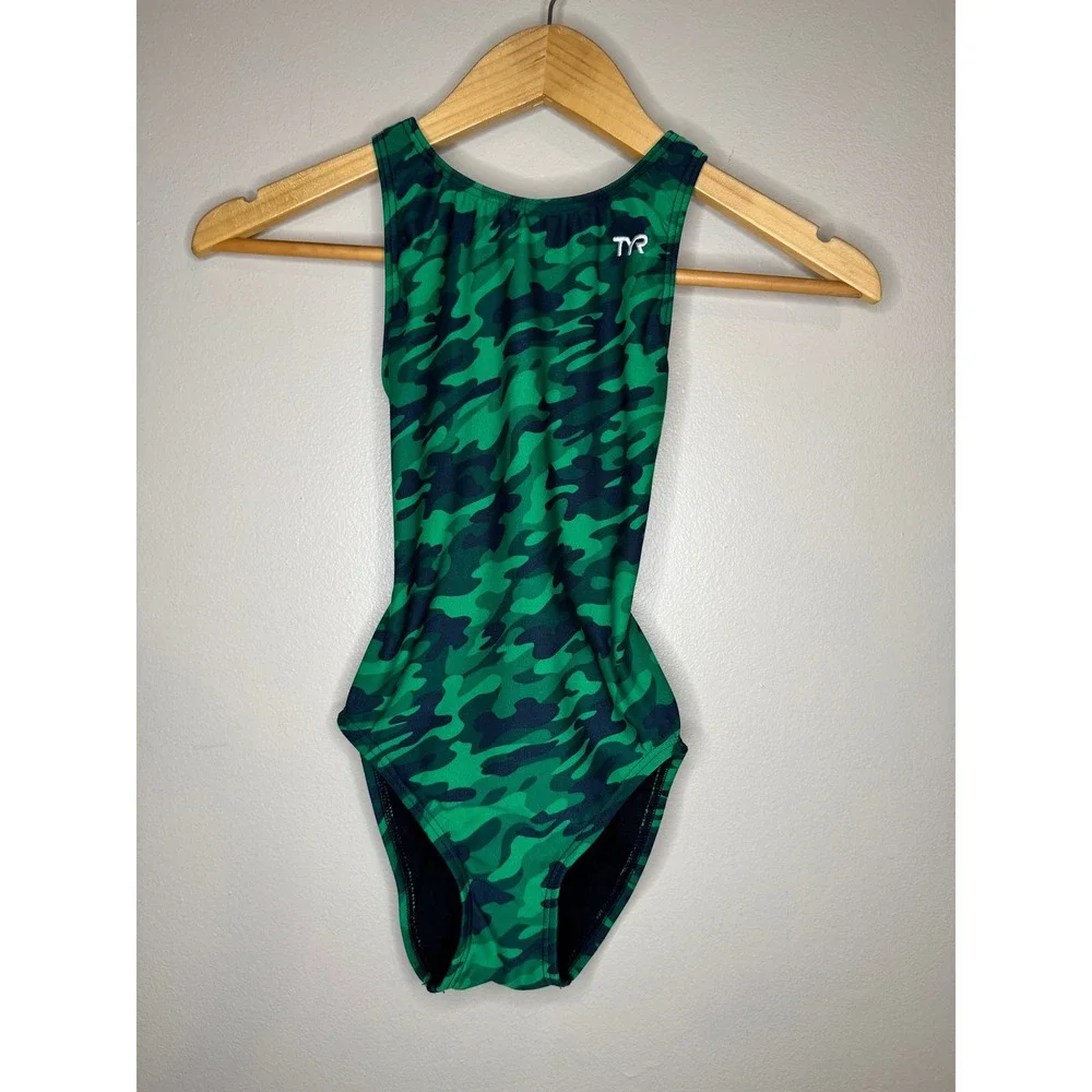 TYR Girls Green Camo One Piece Swimsuit Racerback Performance Swim Size 24