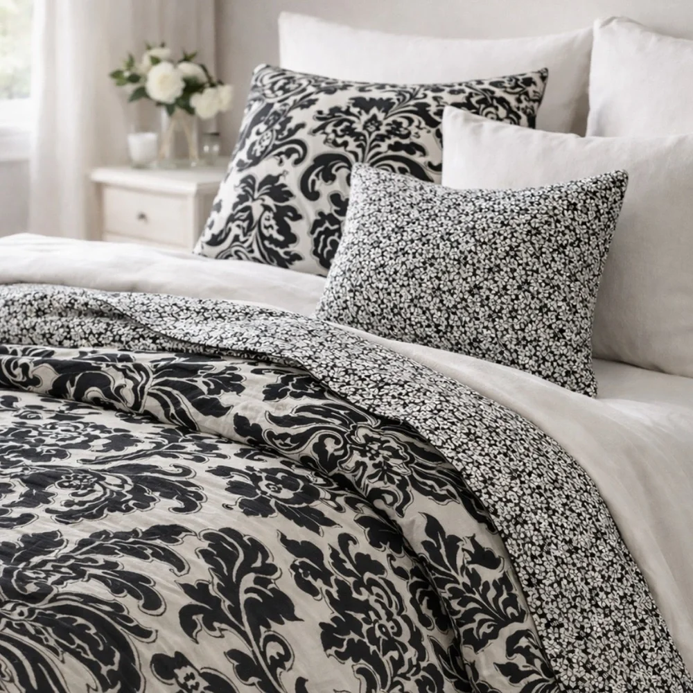 Ethan Allen,  100% linen,Elegant Black and White Floral Bedding Set