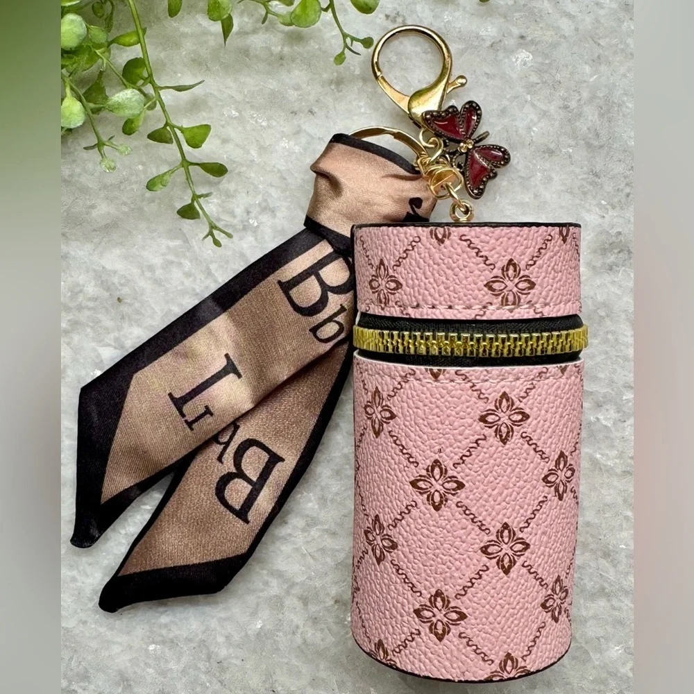 New Pink Flower Diamond Print Mini Bag Purse Charm Keychain w/ Scarf & Butterfly