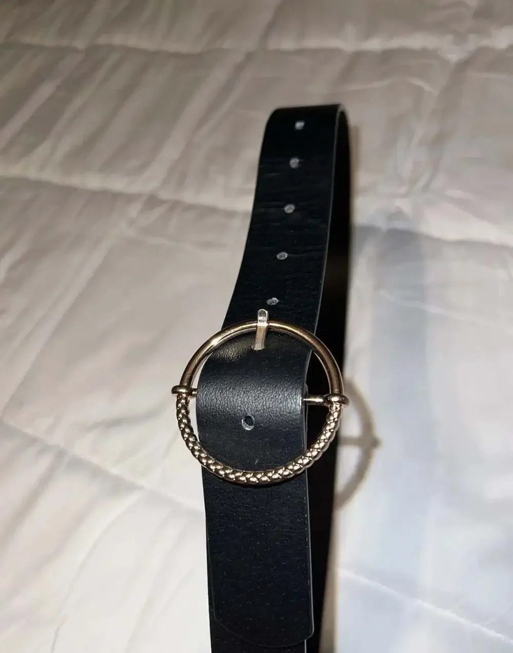 Anne Klein Black Leather Belt with Gold-Tone Textured Ring Buckle