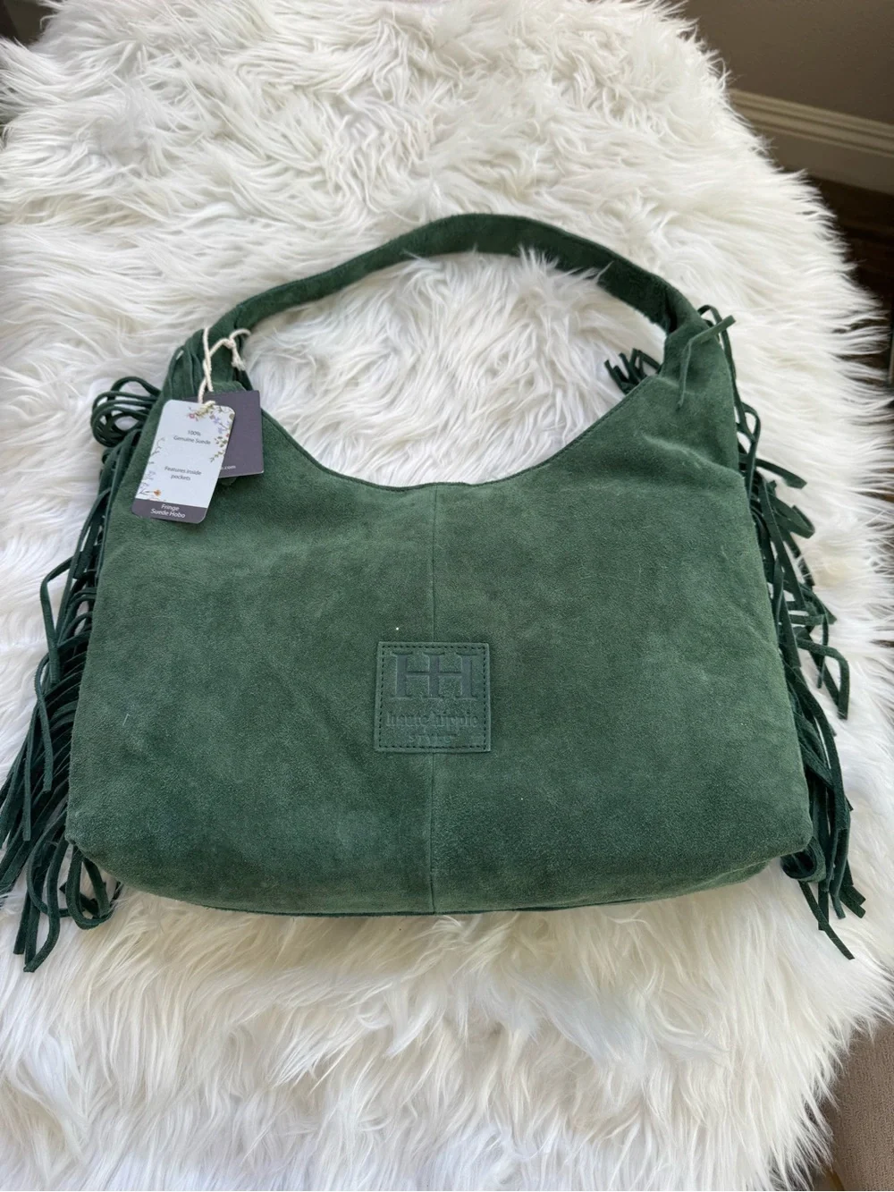 Haute Hippie Forest Green Suede Fringe Hobo Bag