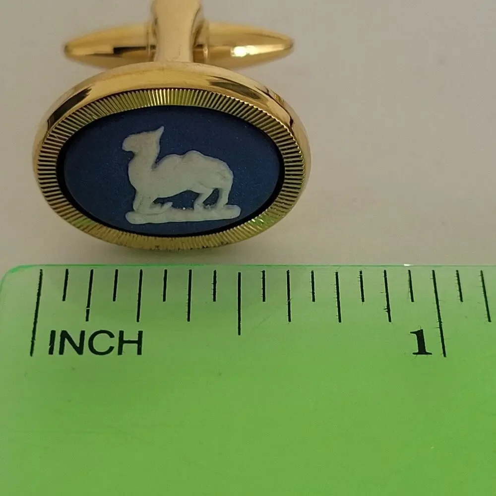 Wedgewood‎ Jasperwear Tie Bar Clip Cufflinks Set Gold Blue Tone Camel England