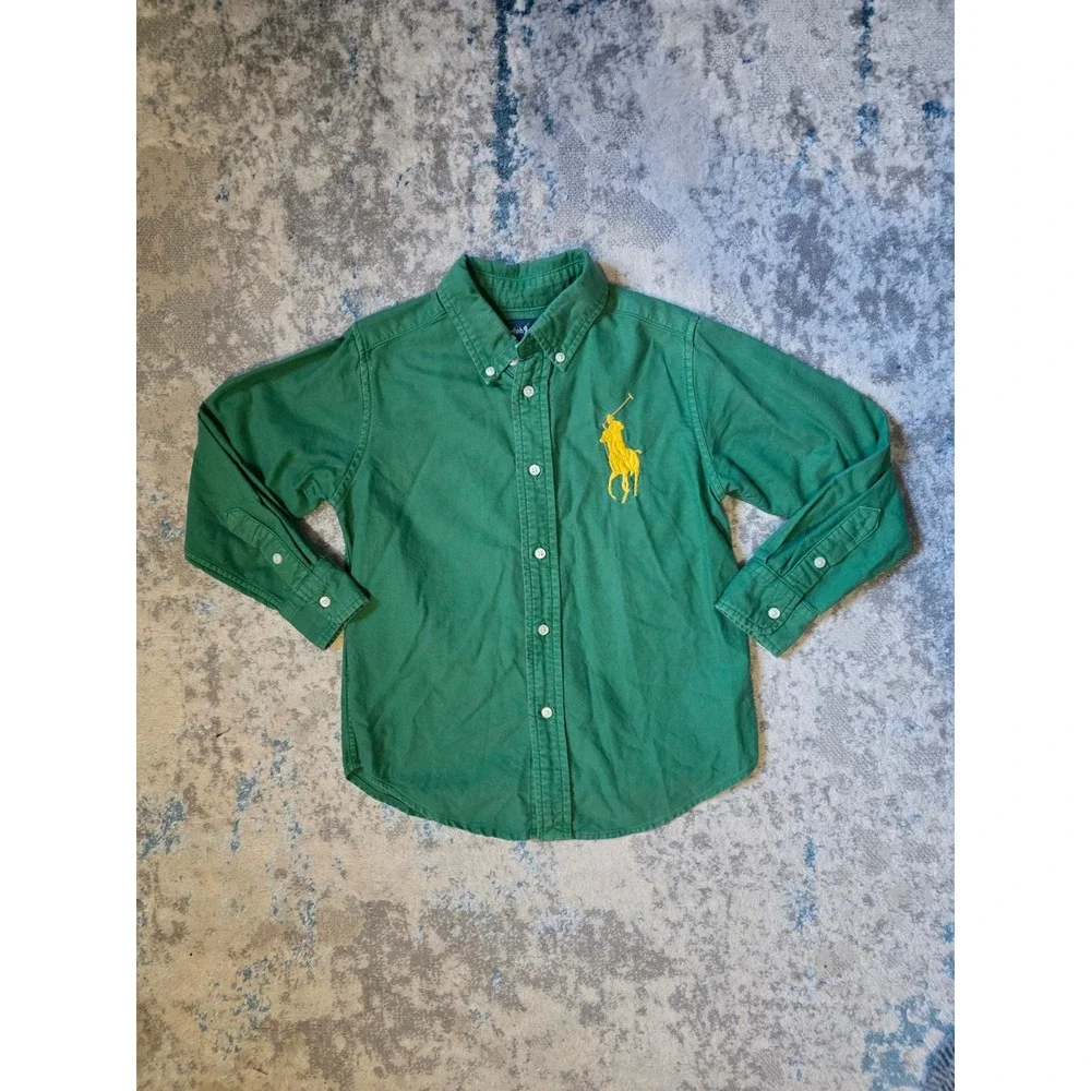 Ralph Lauren Boys 5 Green and Yellow Big Pony‎ Cotton Oxford Shirt Long Sleeve