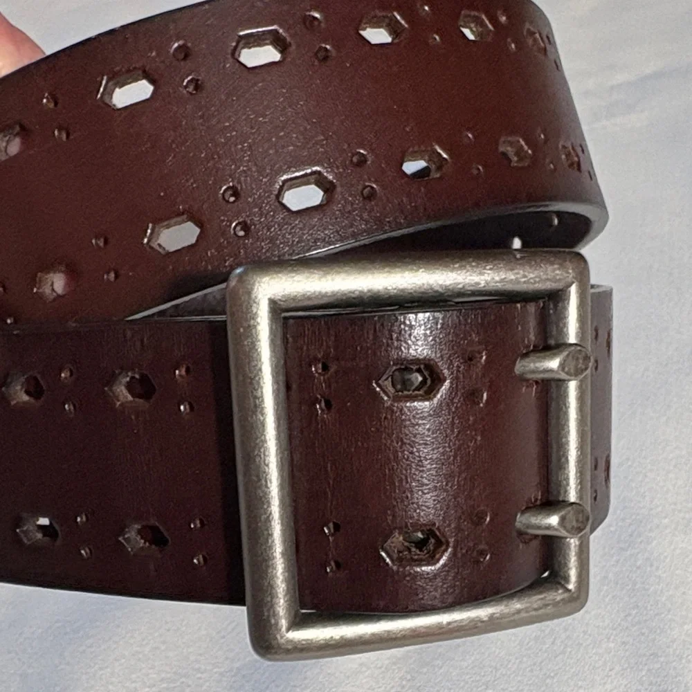 Brown Bonded Leather Belt with Silver Buckle - Size M