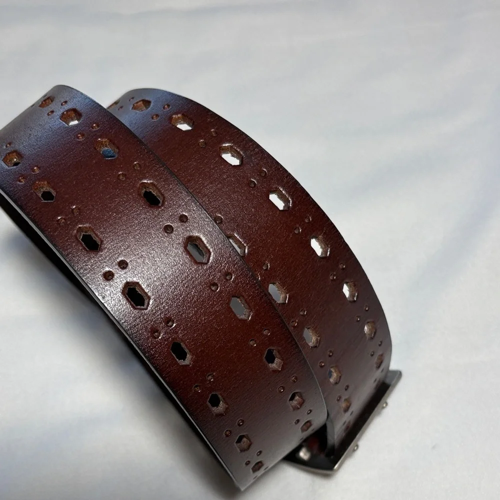 Brown Bonded Leather Belt with Silver Buckle - Size M