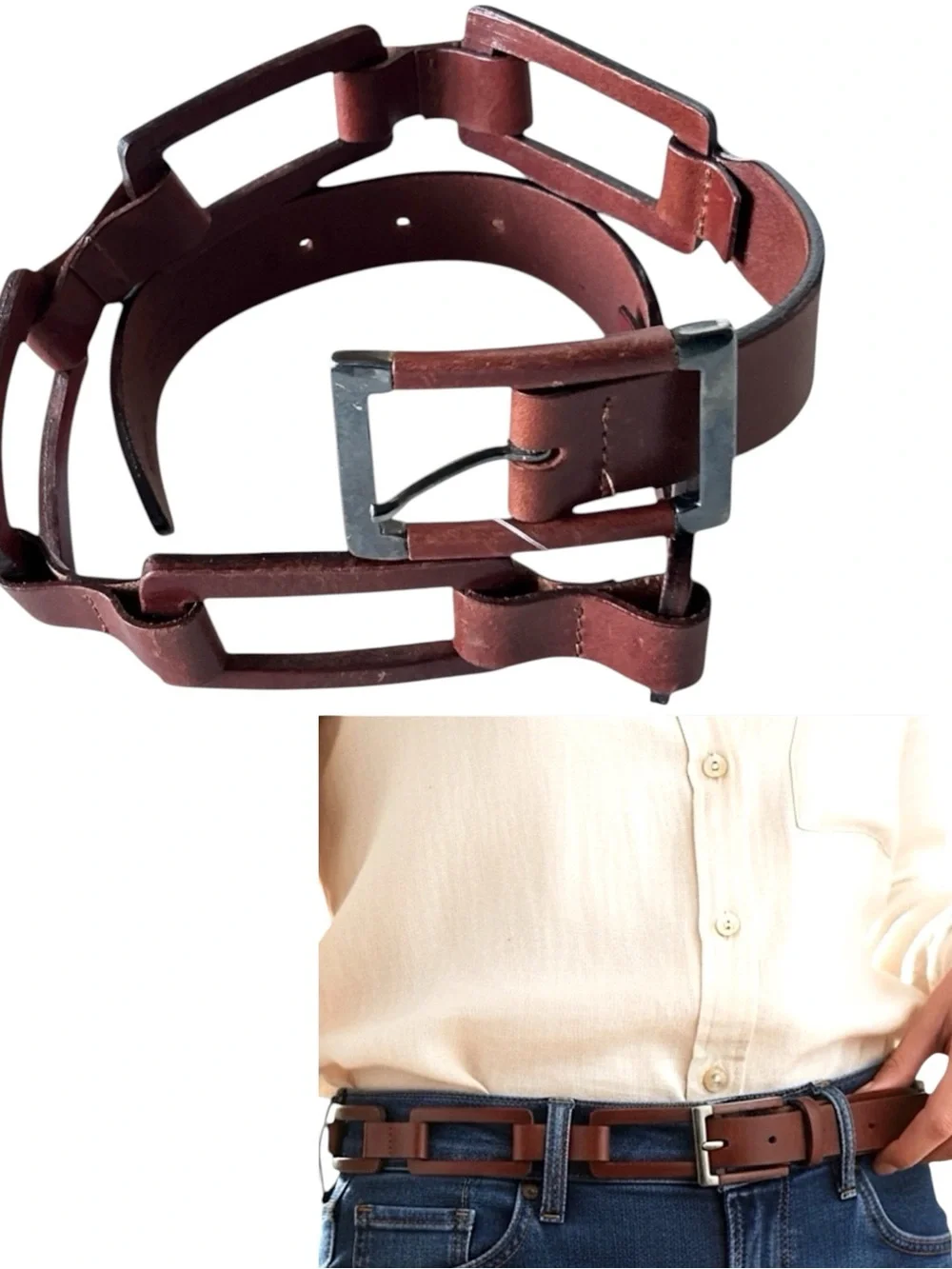 NORDSTROM Vintage Genuine Italian Leather Cognac Belt Cutout Squares