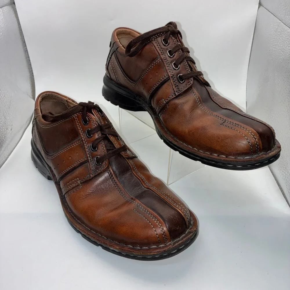 Clarks Mens‎ Brown Leather Lace Up Oxford Bicycle Toe Casual Dress Shoes 8.5