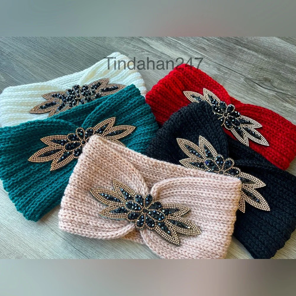 Daisy Gem Flower‎ Design Milky White Knit Knot Crochet Handmade Headband